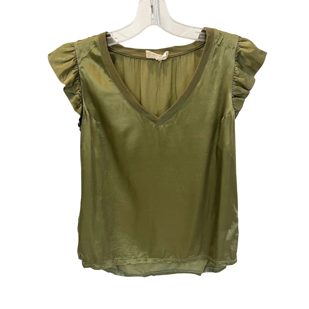 Nation LTD‎ Green Satin Ruffle Cap Sleeve V-Neck Top Size Small USA Made